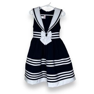 Jessica Ann Nautical Navy White Bow Dress Sailor Collar Tie Back Girls Size 3